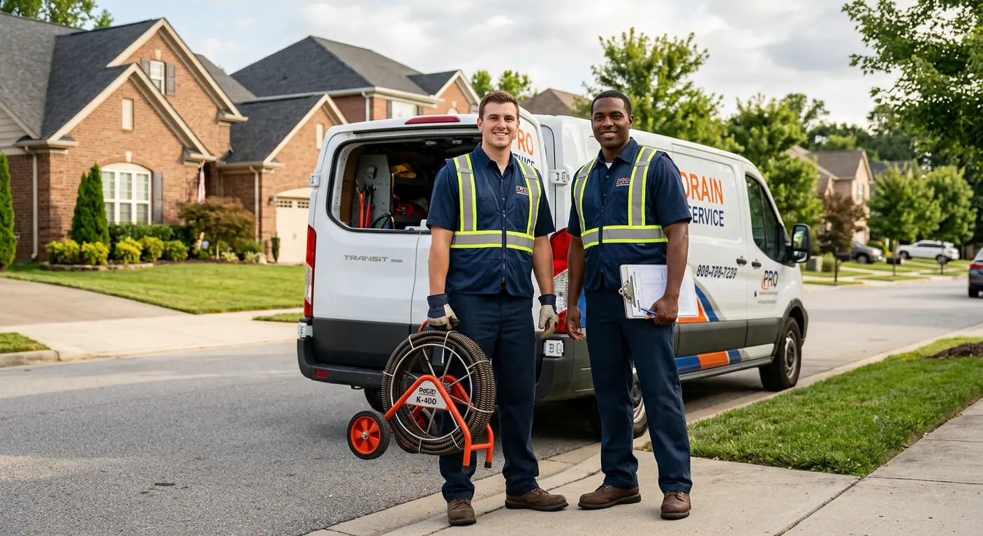 Sewer and drain service team with equipment ready for work in Cedar Park