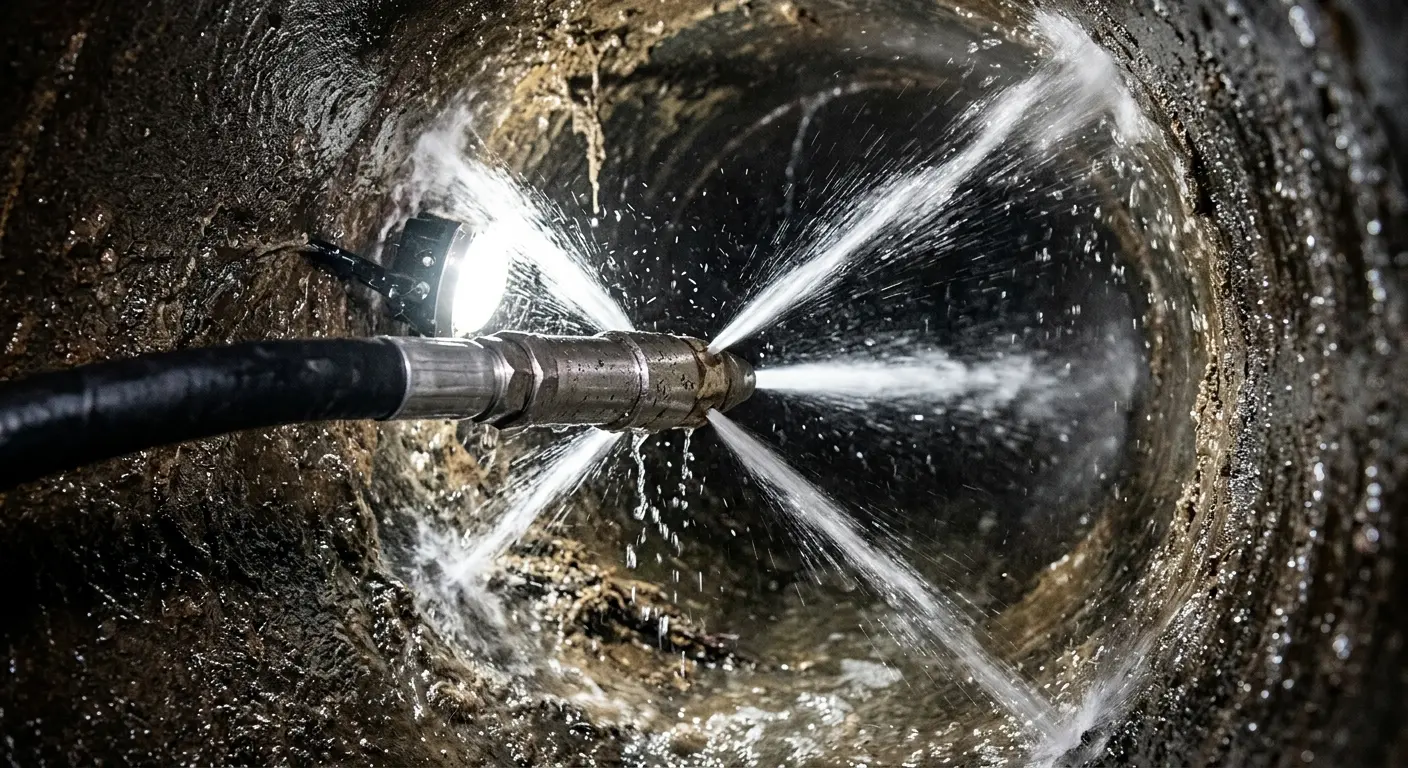 High-pressure hydro jetting nozzle cleaning sewer pipe for Sewer Cleanout in Cedar Park