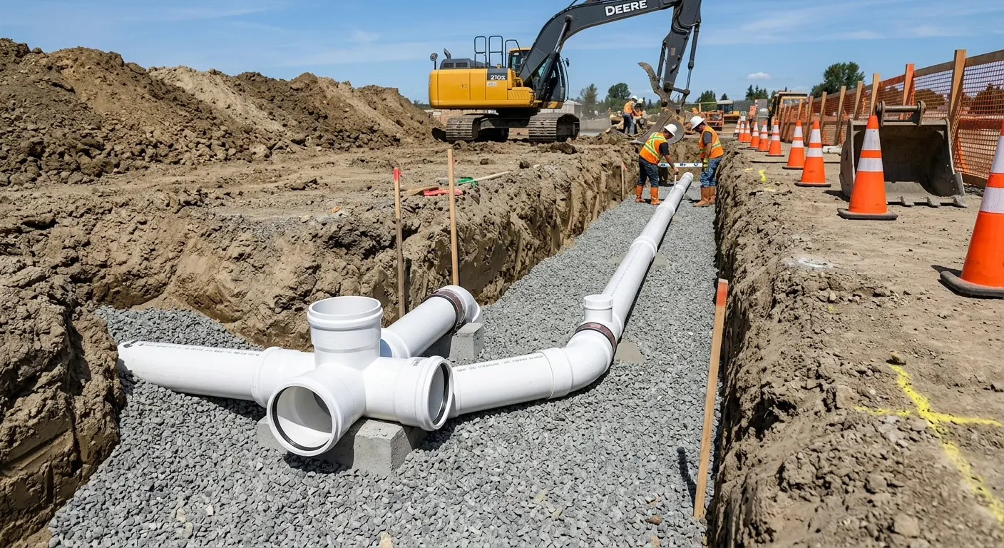 New PVC sewer pipe installation in open trench for Sewer Backup in Cedar Park