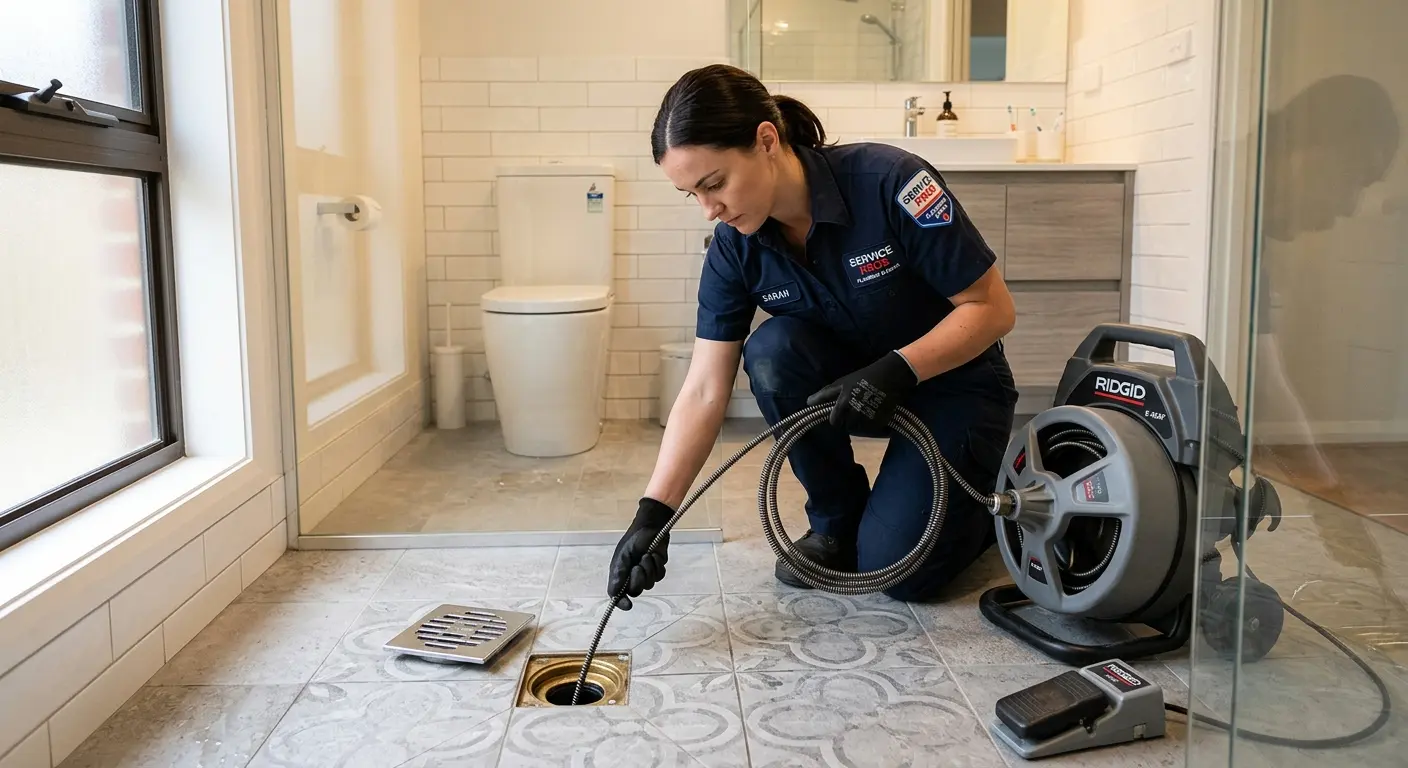 Technician clearing a bathroom floor drain for Hydro Jetting in Cedar Park